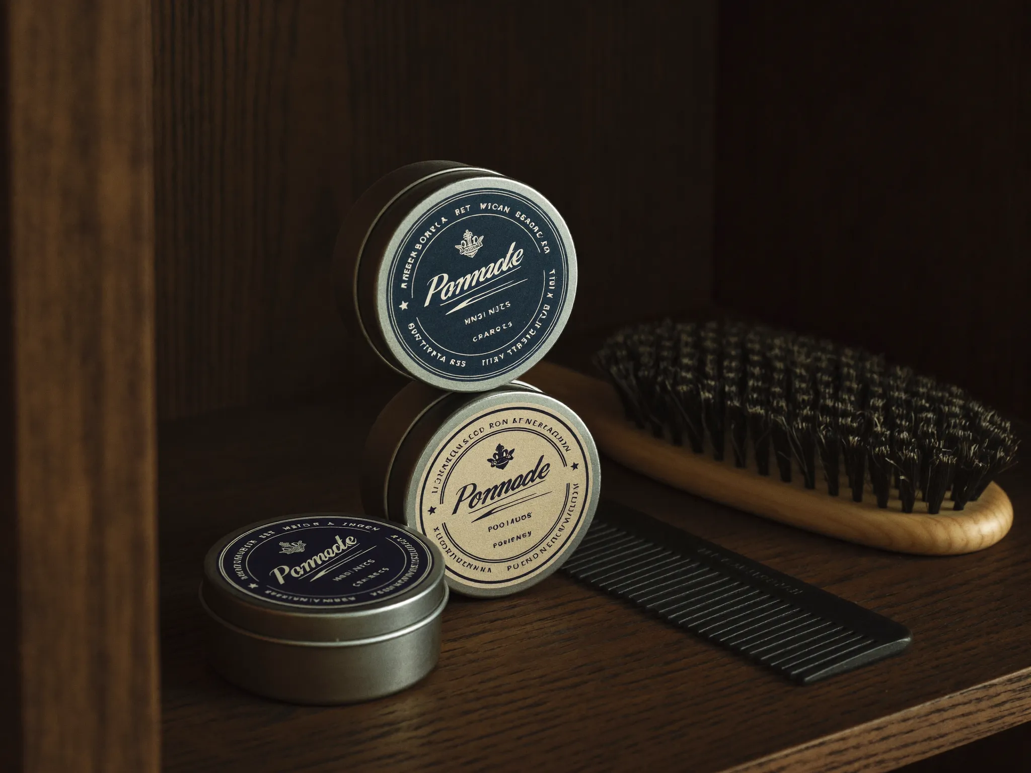 Ellsworth's pomade tins on an oak shelf